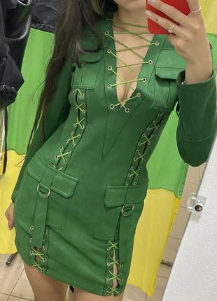 Замшевое зеленое платье5 фото