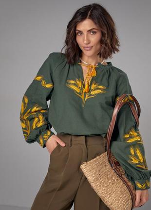 Жіноча якісна зелена українська патріотична вишиванка вишита сорочка блуза блузка з колосками хакі