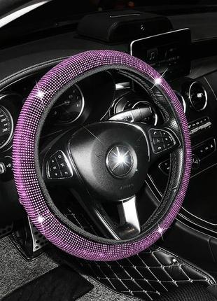 Чехол на руль со стразами, оплётка на руль черная с розовыми стразами м 37-39 см