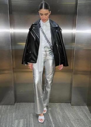 Серебряные кожаные металлические стальные брюки джинсы брюки1 фото