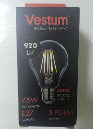Светодиодная филаментная лампа vestum led а-60 7.5вт 4100k (нейтральный свет), цоколь е272 фото