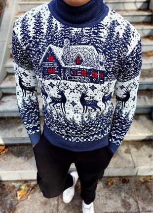 Новорічні чоловічі светри з будиночком4 фото