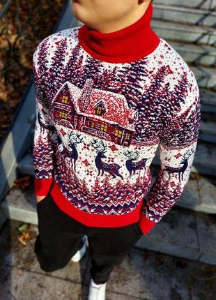 Новорічні чоловічі светри з будиночком7 фото