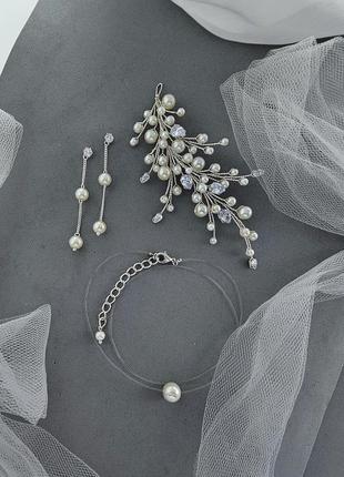 Свадебное колье и серьги, украшение на шею , комплект украшений для невесты, веточка в прическу7 фото