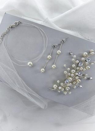 Свадебное колье и серьги, украшение на шею , комплект украшений для невесты, веточка в прическу2 фото