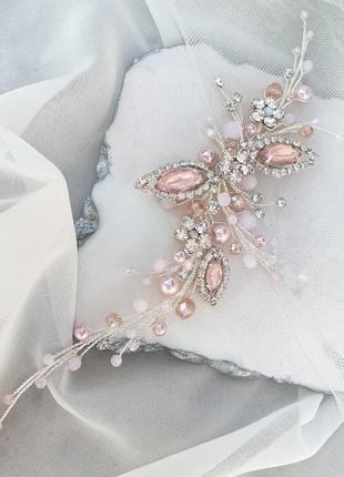 Свадебное украшение для волос,  веточка в прическу, нежно розовое украшение в прическу1 фото
