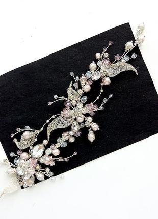 Свадебное украшение для волос, веточка в прическу, нежно розовое украшение в прическу3 фото