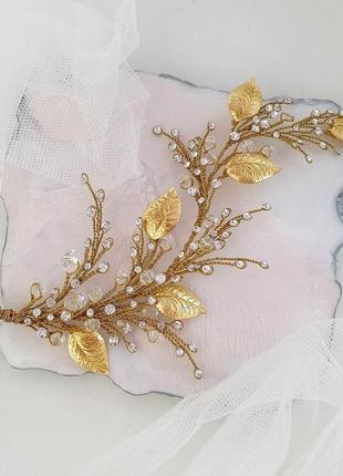 Свадебное украшение для волос, золотистая веточка, золотистое украшение в прическу1 фото