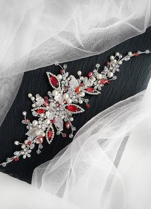 Свадебные украшения для волос, веточка в прическу, красное украшение в прическу2 фото