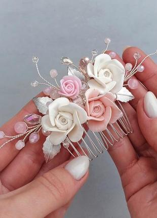 Свадебное украшение для волос, гребешок в прическу из роз, веточка в прическу, гребень из цветами1 фото