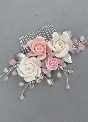 Свадебное украшение для волос, гребешок в прическу из роз, веточка в прическу, гребень из цветами3 фото