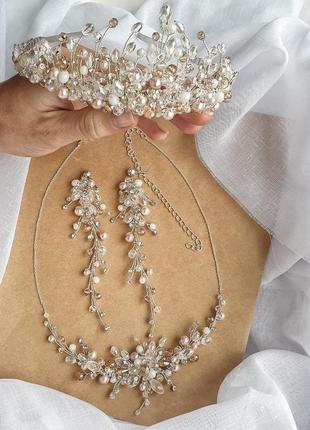 Свадебная диадема, тиара, корона, нежная диадема , диадема для невесты, диадема и серьги