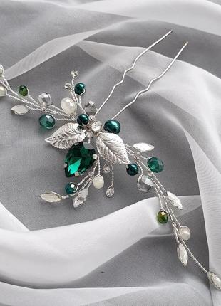 Свадебное украшение для волос, веточка в прическу, зеленое украшение в прическу, заколка в прическу2 фото