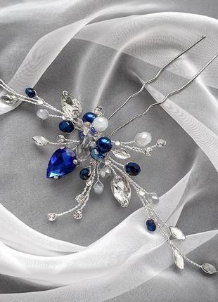 Свадебное украшение для волос, веточка в прическу, синее украшение в прическу, заколка в прическу2 фото