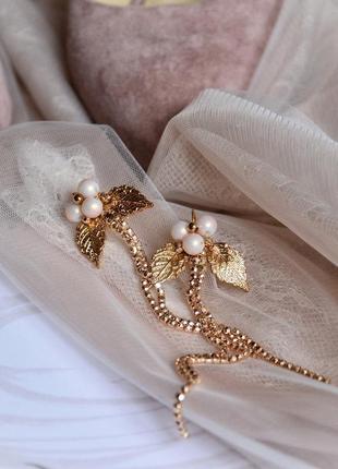Серьги, свадебные серьги, серьги на выпускной, длинные серьги, золотистые серьги1 фото
