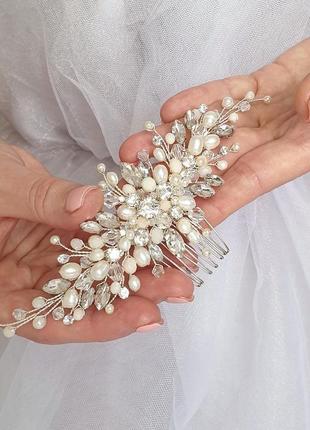Прикраса для нареченої з натуральними перлами, гребінь з перлами, прикраси для волосся2 фото