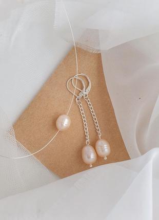 Підвіска і сережки з перлів, підвіска перли, сережки перлини, весільні сережки, сережки ланцюгжки3 фото