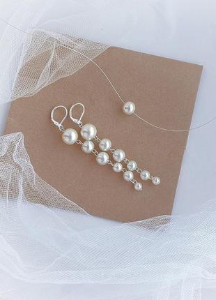 Сережки з перлів, весільні сережки, довгі сережки, перлинні сережки, камінчик на шию1 фото