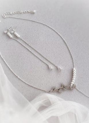 Сережки ланцюжки, підвіска на шию, набір прикрас для нареченої, довгі сережки8 фото
