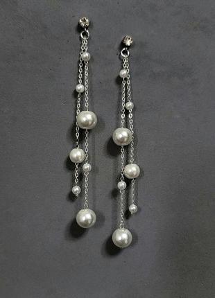 Сережки з перлів, весільні сережки, довгі сережки, перлинні сережки, сережки цепочки1 фото