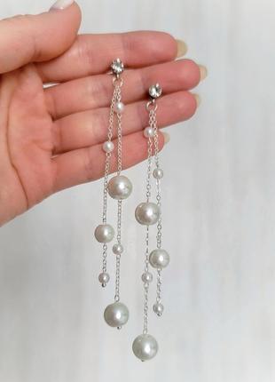 Сережки з перлів, весільні сережки, довгі сережки, перлинні сережки, сережки цепочки4 фото