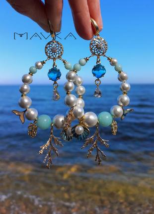 Сережки "мальдіви" бавовняні перли амазоніт2 фото