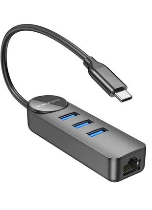 Адаптер borofone dh6 erudite 4-in-1 gigabit ethernet adapter(type-c to usb3.0*3+rj45)(l=0.2m) black