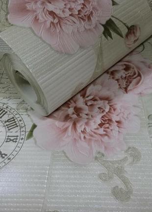 Шпалери вінілові супермийка "париж" арт.46.4 (економ) для кухні, ванної, коридору, світло-зелені з рож. квітами 0,53*10 м