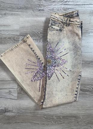 Вінтажні варені джинси кльош варенки варьонки стрейчеві джинси розшиті бісером і паєтками rainbow collection, xxl3 фото