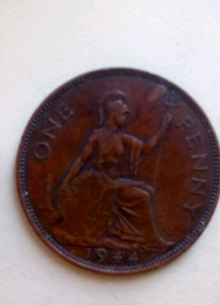 Монета one penny копейка 1944 год