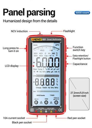Aneng 681 pro smart тестер мультиметр ac/dc ncv r/c/d/t/f, li-ion 8