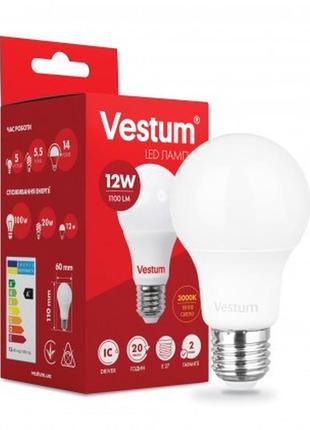 Світлодіодна лампа vestum led a60 12 вт 3000 k (жовте світло), цоколь e27
