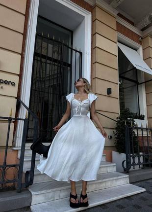 Белое муслиновое платье миди с кулиской xs s m l 42 44 нежное хлопковое платье с шнуровкой на спине3 фото