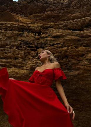 Красное муслиновое миди платье с шнуровкой на спине xs s m l вечернее хлопковое платье-миди 42 442 фото