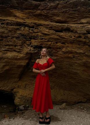 Красное муслиновое миди платье с шнуровкой на спине xs s m l вечернее хлопковое платье-миди 42 444 фото