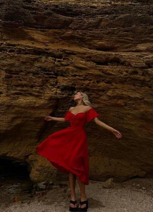 Красное муслиновое миди платье с шнуровкой на спине xs s m l вечернее хлопковое платье-миди 42 445 фото