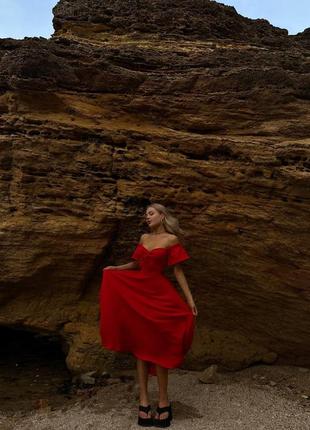 Красное муслиновое миди платье с шнуровкой на спине xs s m l вечернее хлопковое платье-миди 42 446 фото