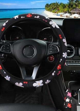 Чехол на руль. оплётка на руль. женская с розовыми цветочками м 37-39 см