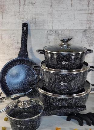 Набір каструль і сковорода higher kitchen hk-305, набір посуду з гранітним антипригарним покриттям чорний2 фото