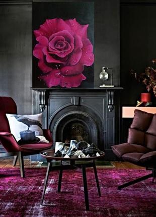 Картина інтер'єрна з великою бордовою трояндою масломна полотні3 фото