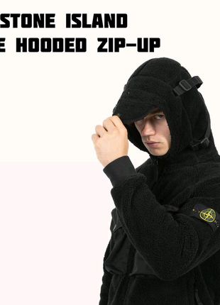 Stone island black cotton pile hooded zip-up