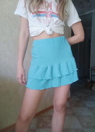 Бирюзовая юбка с рюшами6 фото