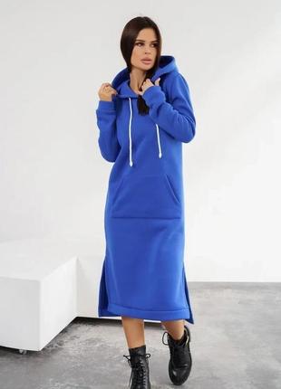 Синее утепленное флисом платье с капюшоном, стиль: повседневный, материал: трикотаж на флиcе, размер: m