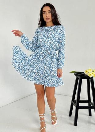 Голубое цветочное платье с воланом, штапель, xl