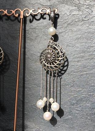 Дизайнерские серьги подвесочки (жемчуг, майорика в серебре)"ammonites"🐚🌊8 фото