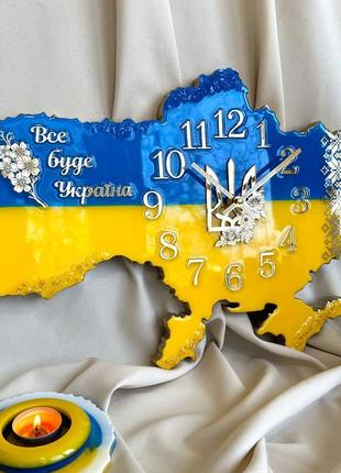 Годинник настінний з епоксидної смоли "карта україни" 40x27 см