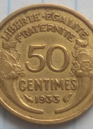 Монета 50 сентімо 1933 франція відмінний зберегти довоєнна1 фото