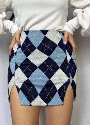 Актуальная трикотажная юбка/юбка в ромбики с разрезами от h&amp;m, на р. s/m 💔