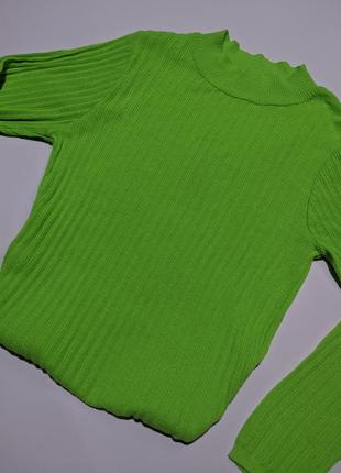 Яркий неоновый зеленый салатовый гольф лонгслив кофта в широкий рубчик водолазка свитер лонг длинный рукав3 фото