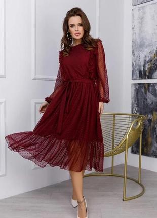 Бордовое комбинированное платье с рюшами, софт/сетка, вечерний